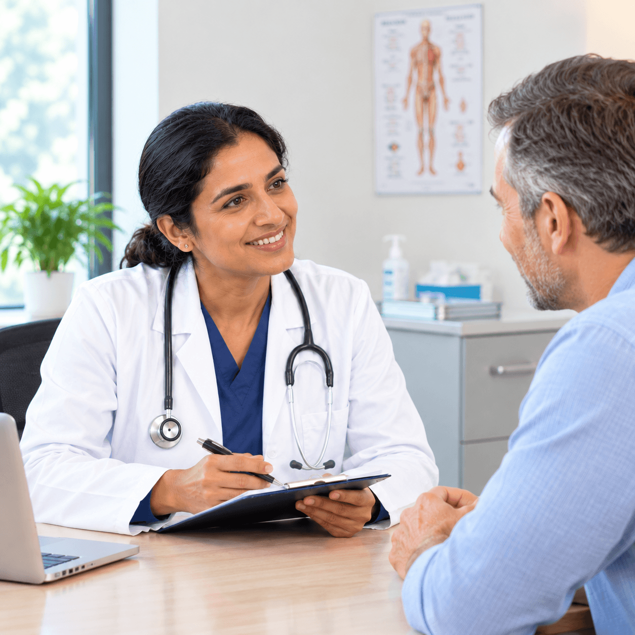 male patient in consultation with female doctor