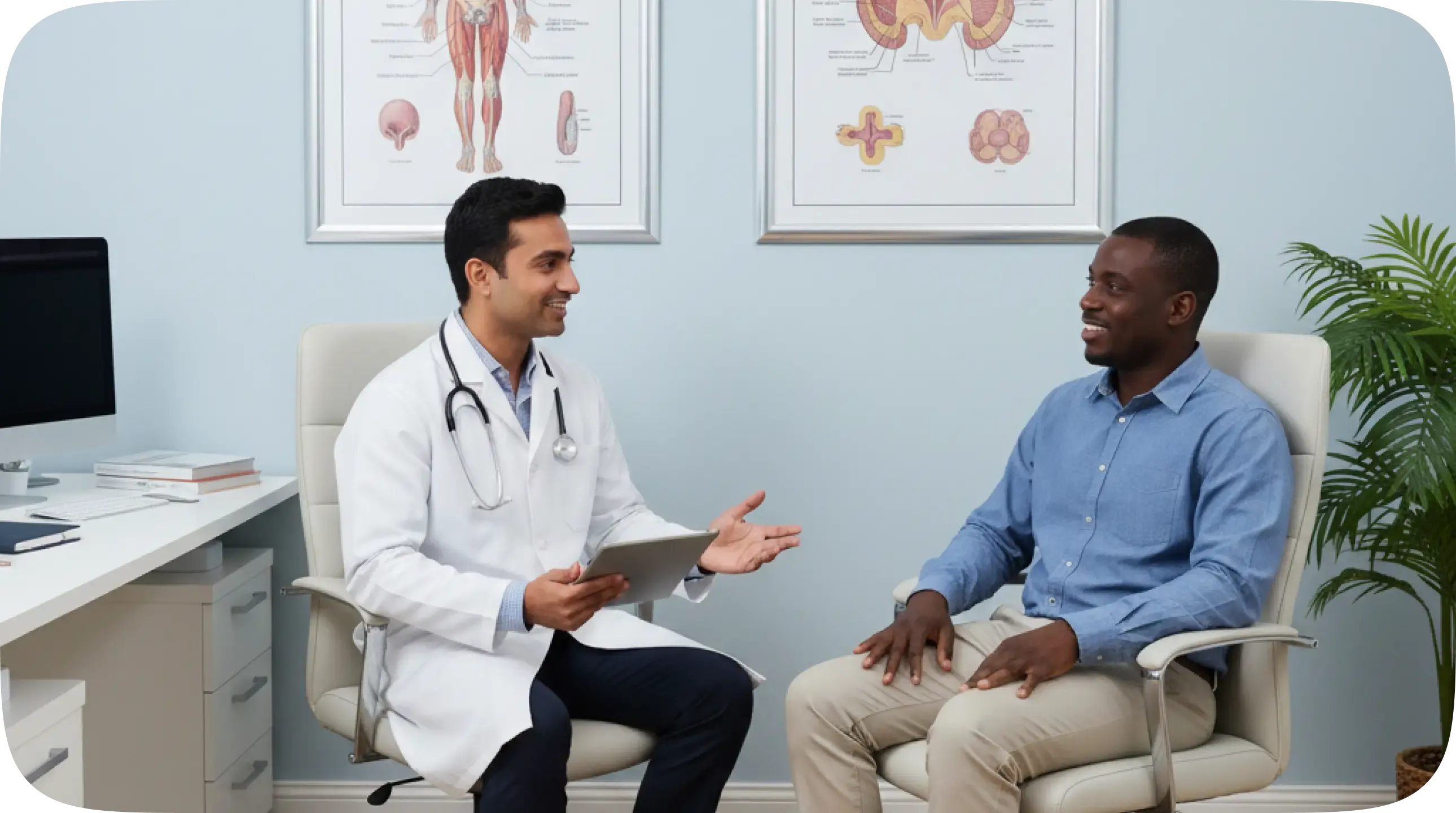 Doctor discussing urology treatment with patient from Zimbabwe